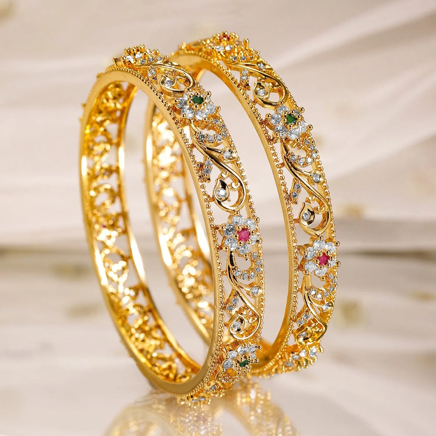 Rubans Set of 2, 22K Gold-Plated Ruby, Emerald & Cubic Zirconia Studded Handcrafted Bangles