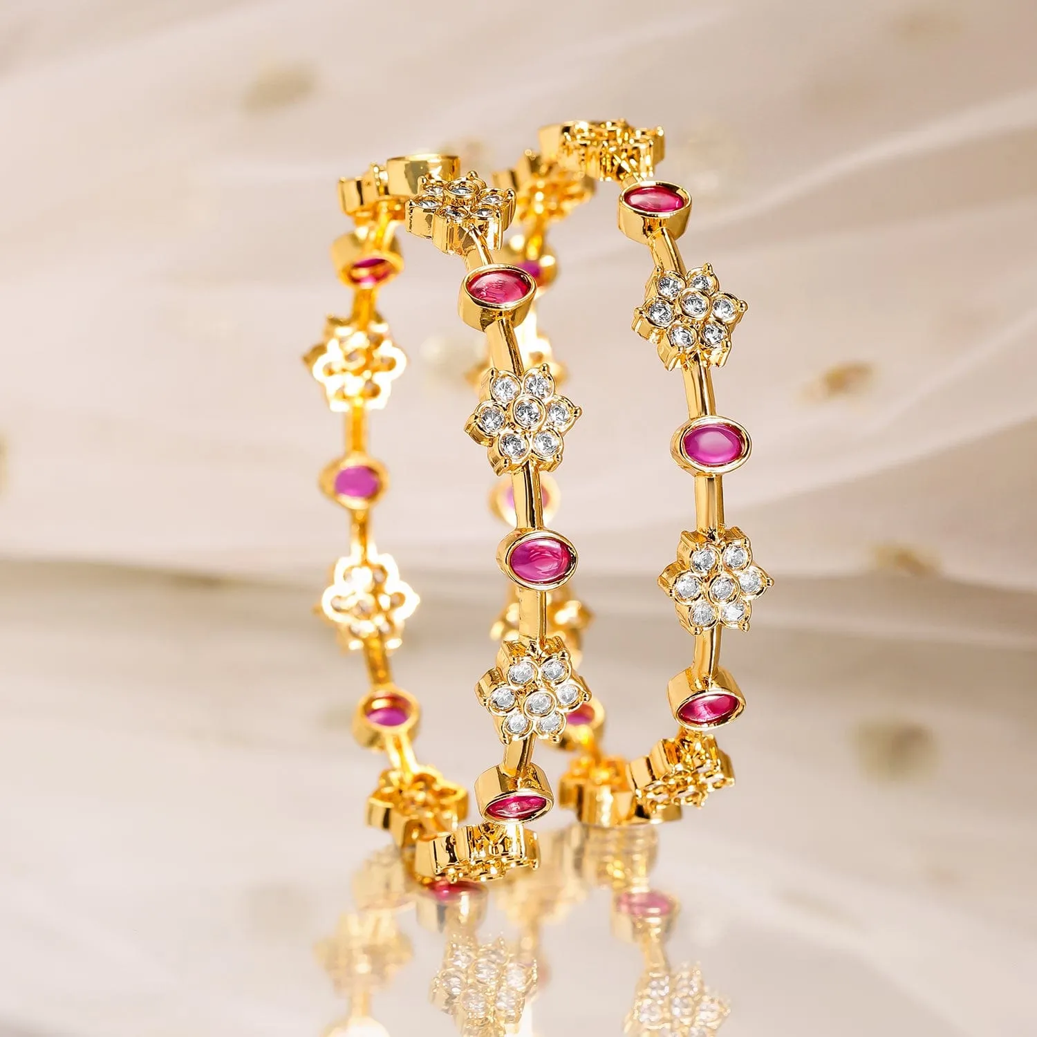 Rubans Set of 2, 22K Gold-Plated Ruby Pink & Cubic Zirconia Studded Handcrafted Bangles