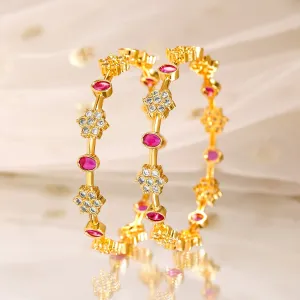 Rubans Set of 2, 22K Gold-Plated Ruby Pink & Cubic Zirconia Studded Handcrafted Bangles