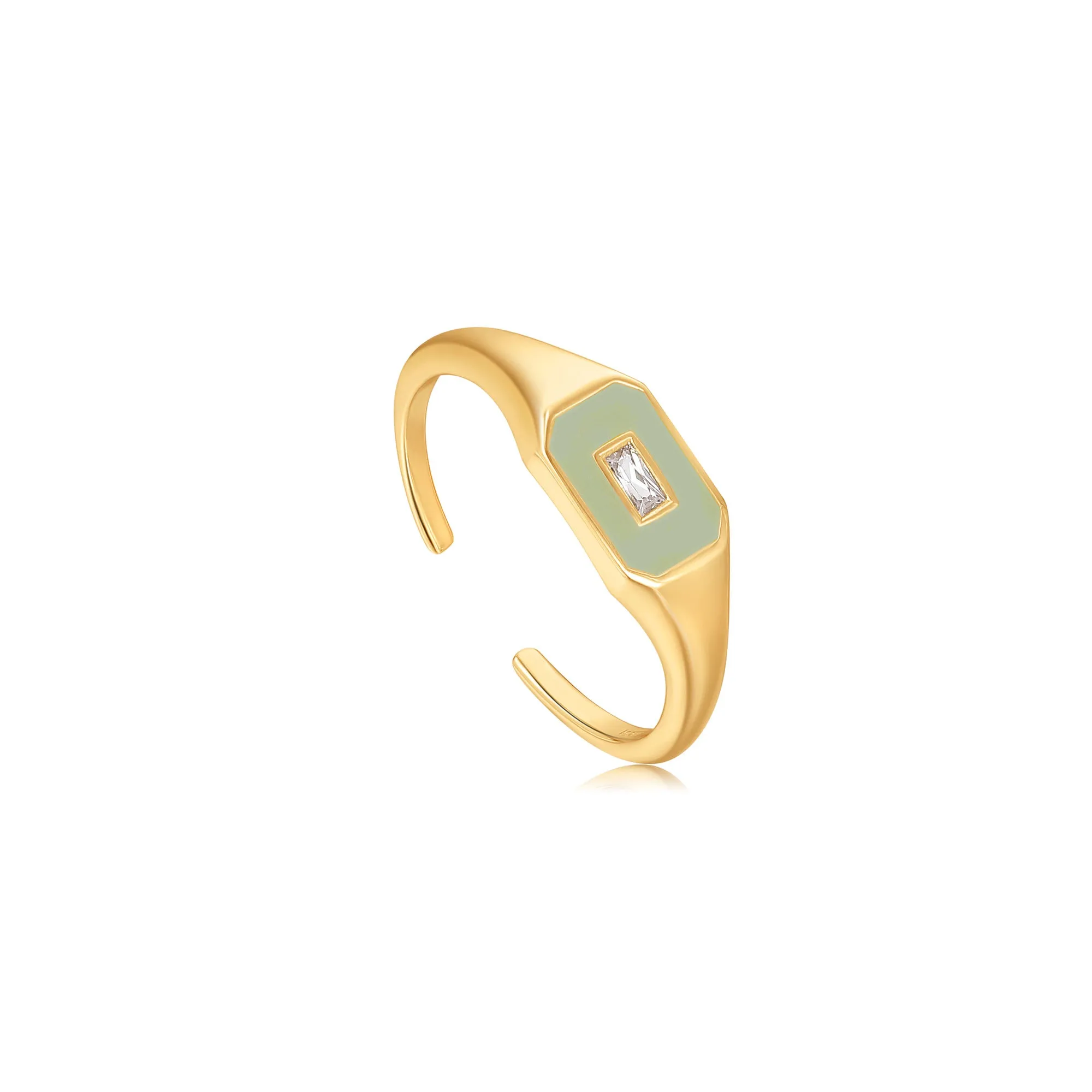 Sage Green Enamel Emblem Gold Adjustable Ring