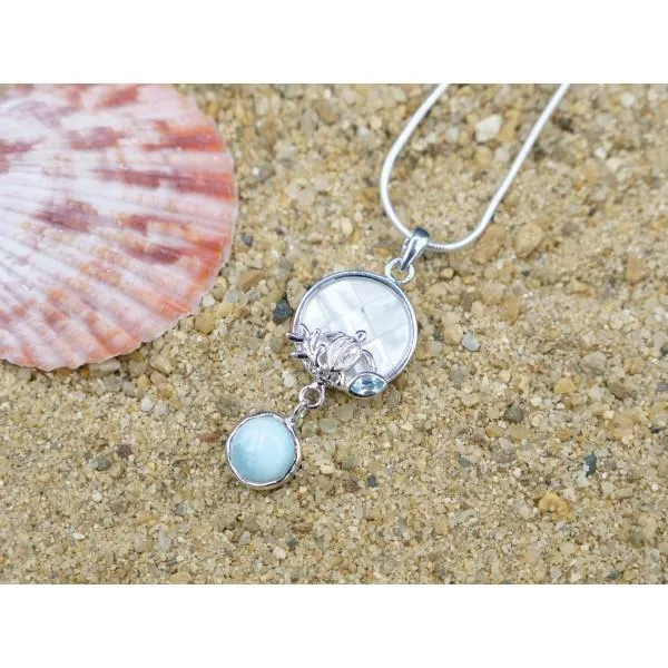 Sea Turtle Pendant Necklace with Blue Topaz, Mother of Pearl Mosaic and Larimar Stone