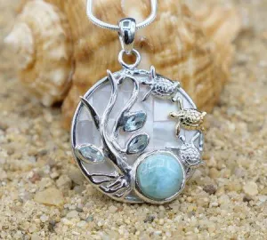 Sea Turtles Pendant Necklace with Larimar, Blue Topaz and Mother of Pearl Mosaic