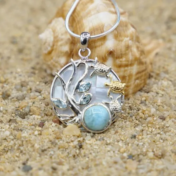 Sea Turtles Pendant Necklace with Larimar, Blue Topaz and Mother of Pearl Mosaic