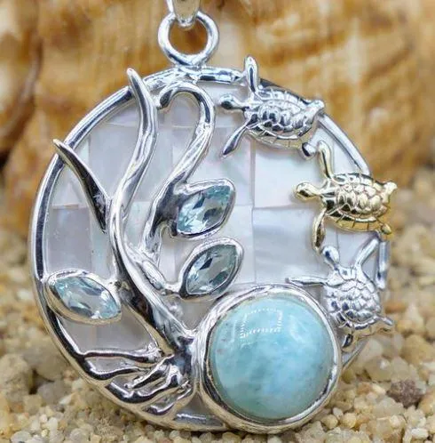 Sea Turtles Pendant Necklace with Larimar, Blue Topaz and Mother of Pearl Mosaic