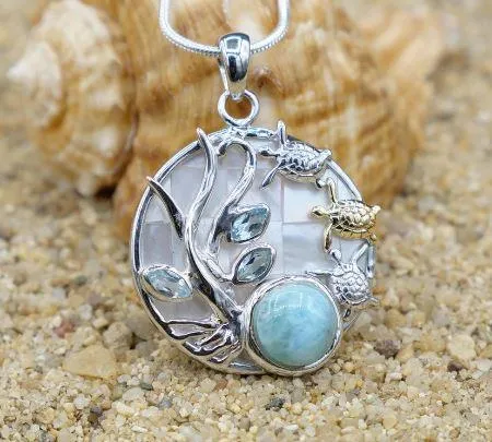 Sea Turtles Pendant Necklace with Larimar, Blue Topaz and Mother of Pearl Mosaic