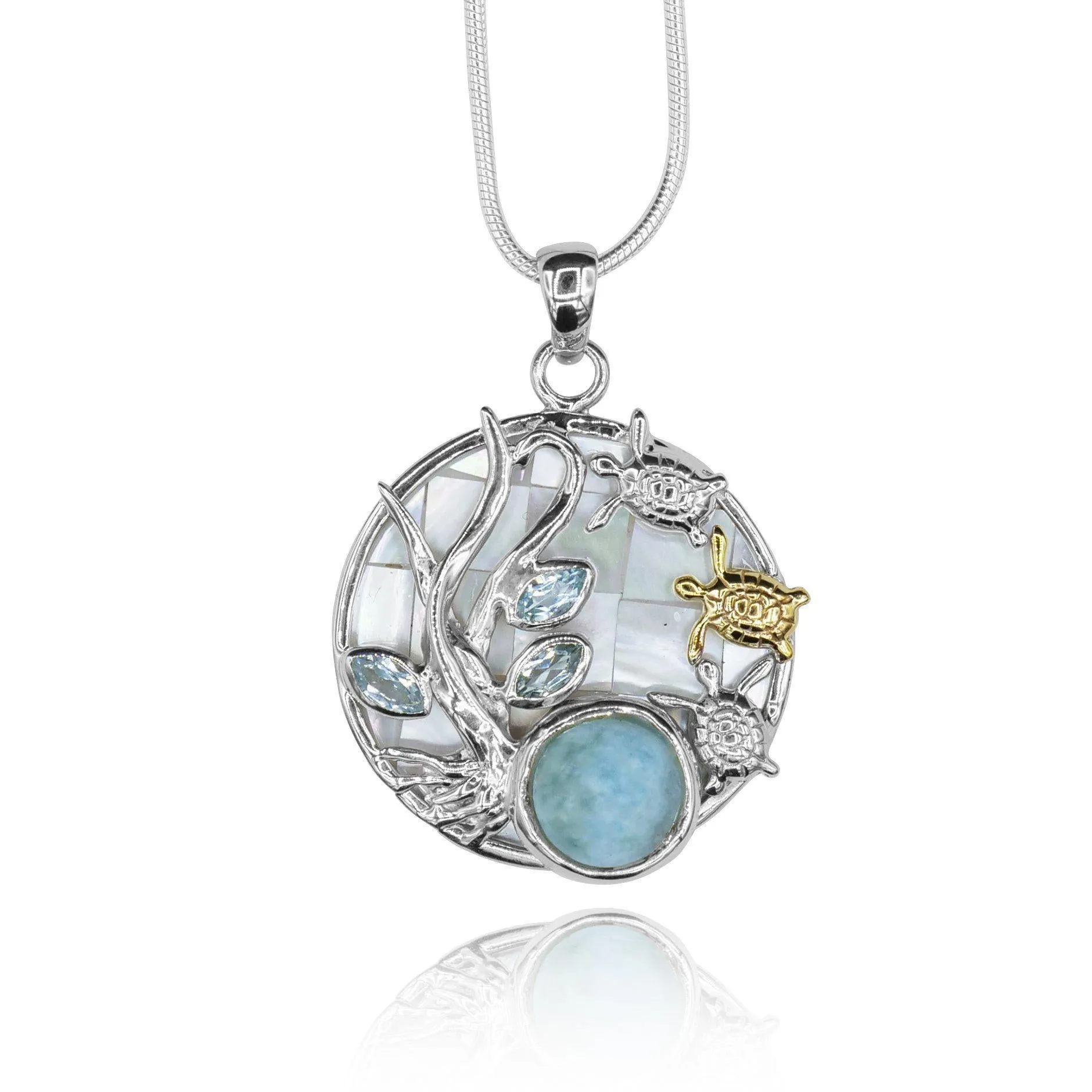 Sea Turtles Pendant Necklace with Larimar, Blue Topaz and Mother of Pearl Mosaic