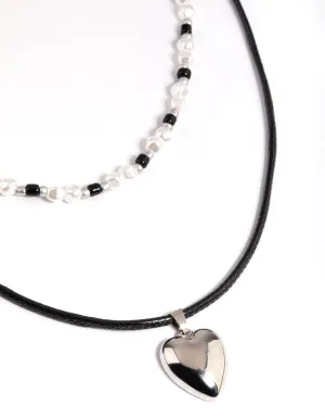 Silver Mixed Bead Heart Pendant Necklace