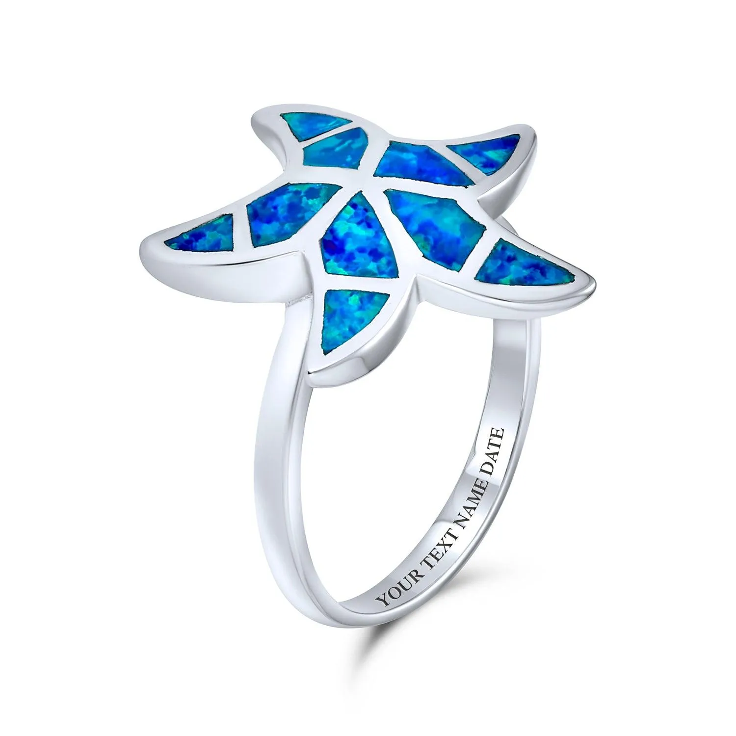 Silver Ring with Nautical Tropical Blue Opal Inlay and Starfish Design