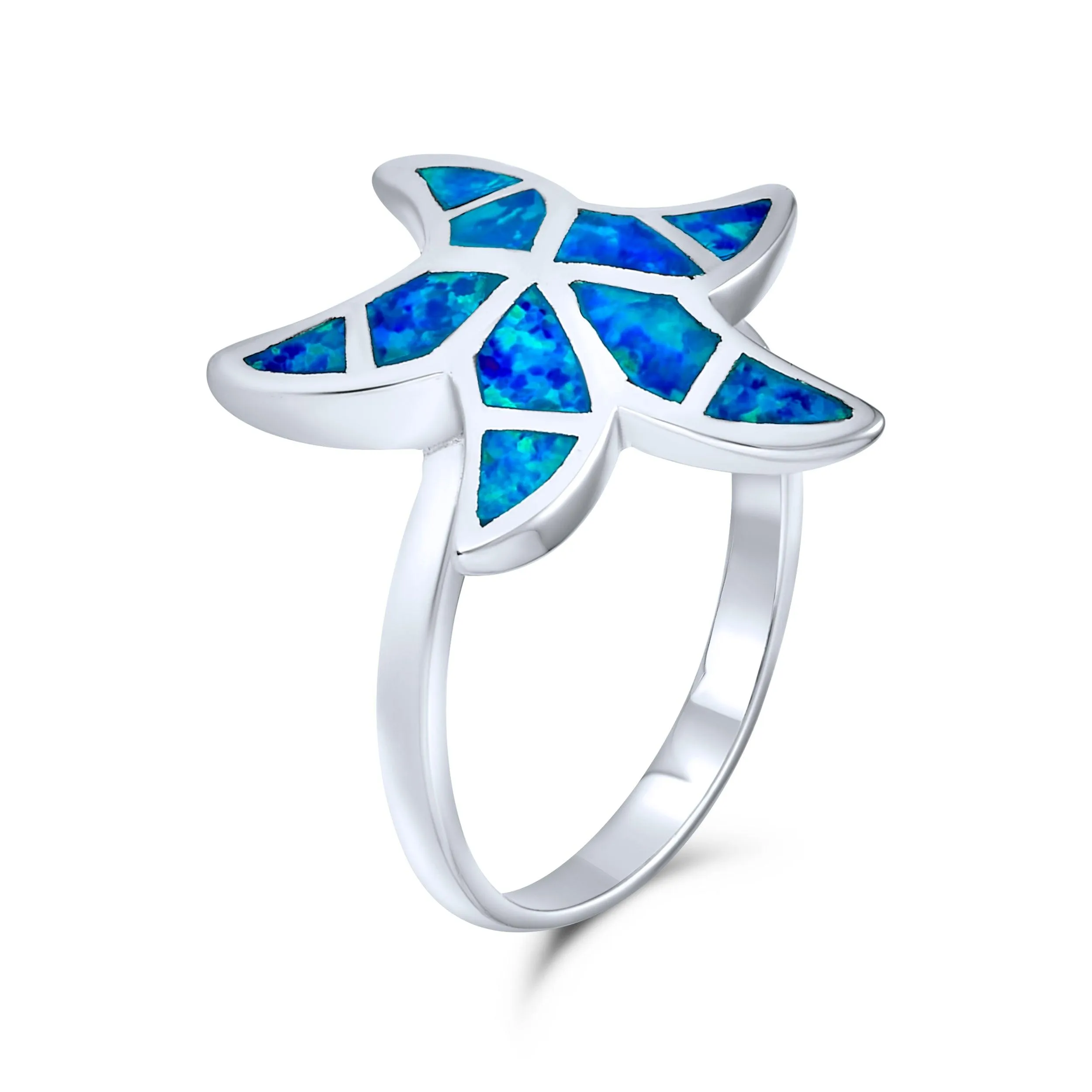 Silver Ring with Nautical Tropical Blue Opal Inlay and Starfish Design