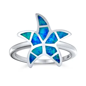 Silver Ring with Nautical Tropical Blue Opal Inlay and Starfish Design