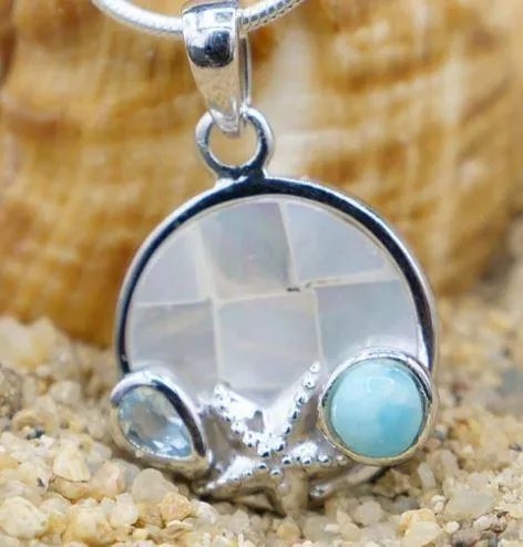 Starfish Pendant Necklace with Larimar, Blue Topaz and Mother of Pearl Mosaic