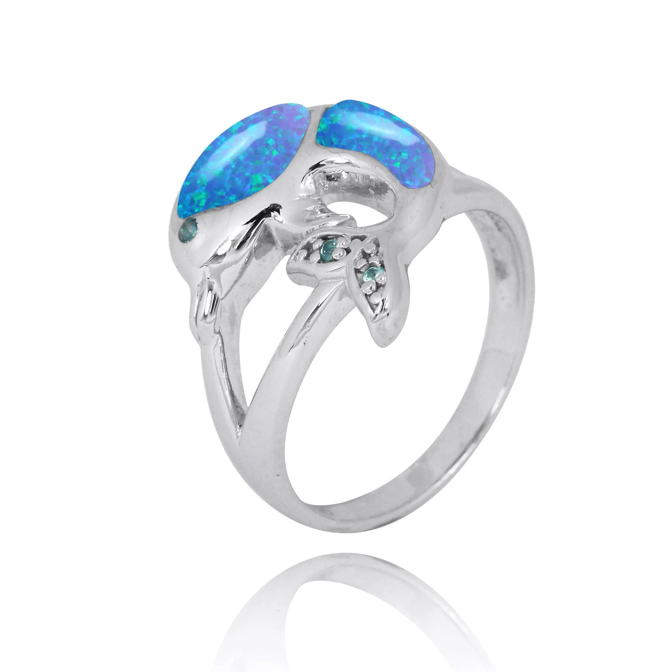 Sterling Silver Dolphin Ring with Blue Opal, London Blue Topaz and Swiss Blue Topaz