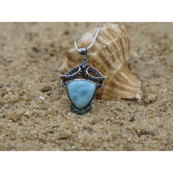 Sterling Silver Pendant with Larimar Stone and 28 Blue Topaz Stones