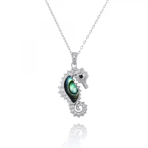 Sterling Silver Seahorse Pendant Necklace with Abalone Shell and Black Spinel