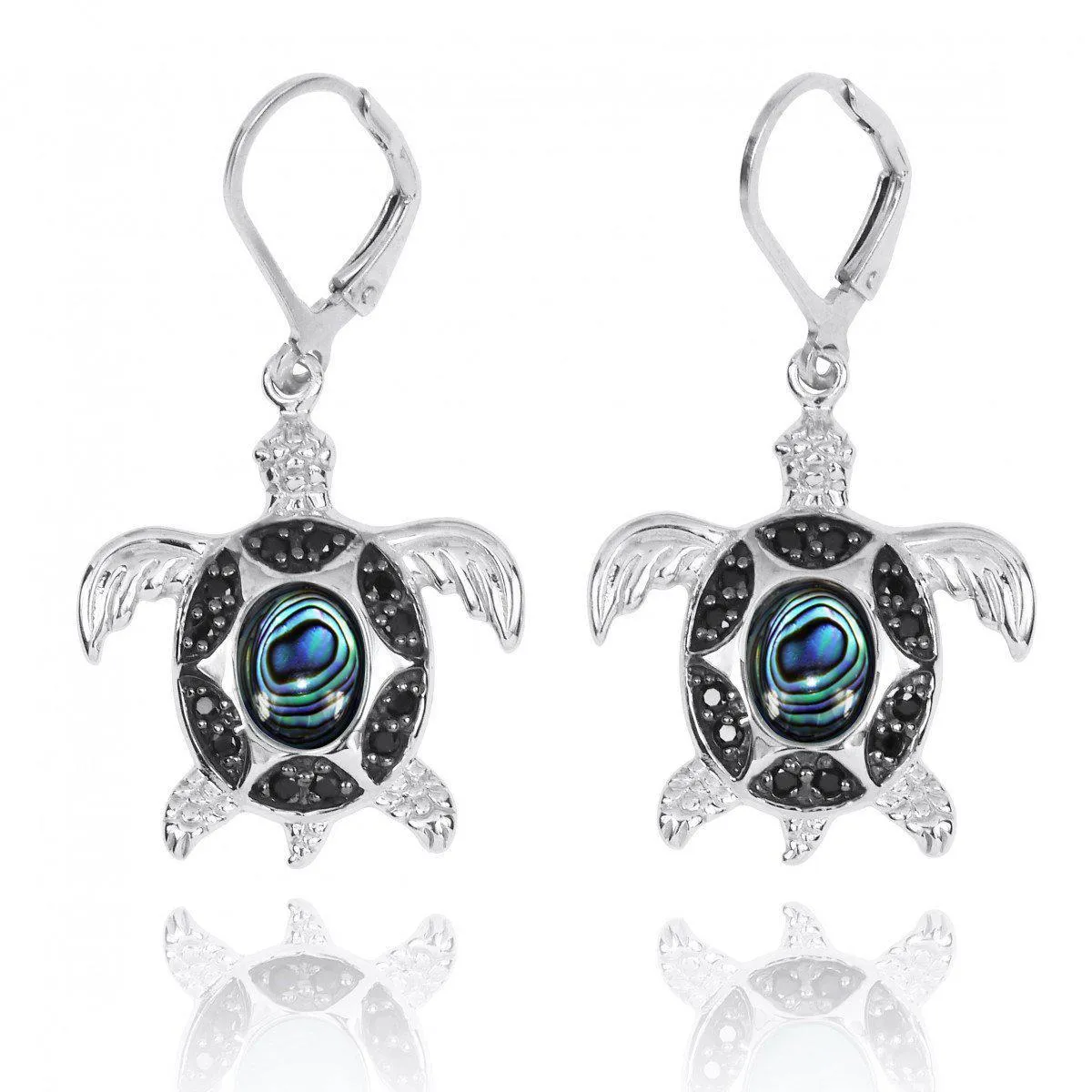 Sterling Silver Turtle Earrings with Abalone Shell and Black Spinel