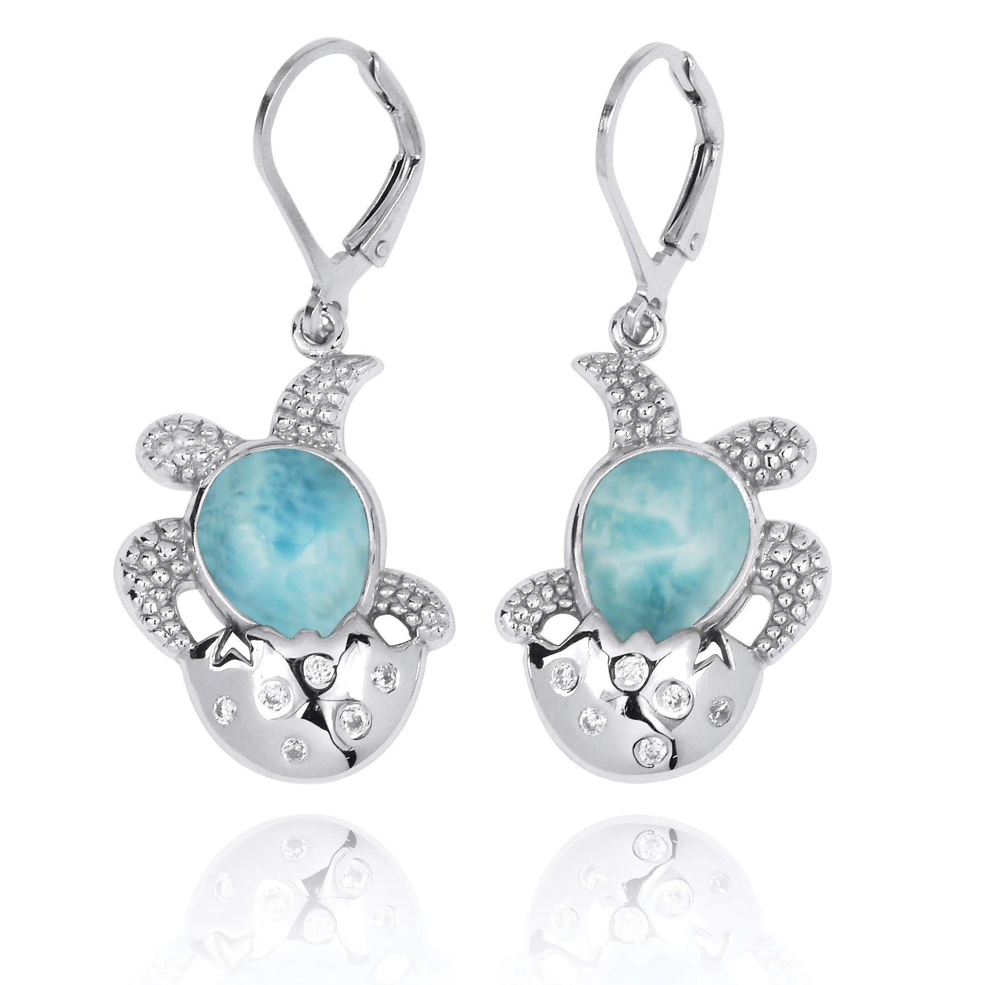 Sterling Silver Turtle Hatchling with Larimar Lever Back Earrings