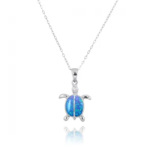 Sterling Silver Turtle with 2 Blue Opal Stones Pendant Necklace