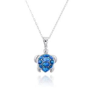 Sterling Silver Turtle with Blue Opal Pendant Necklace