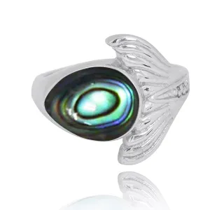 Sterling Silver Whale Tail Ring with Abalone Shell and White CZ