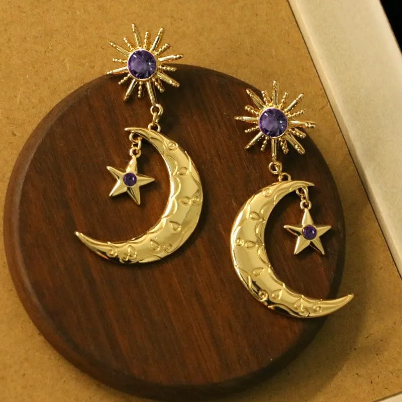 Sun Star Moon Phase Dangle Earrings