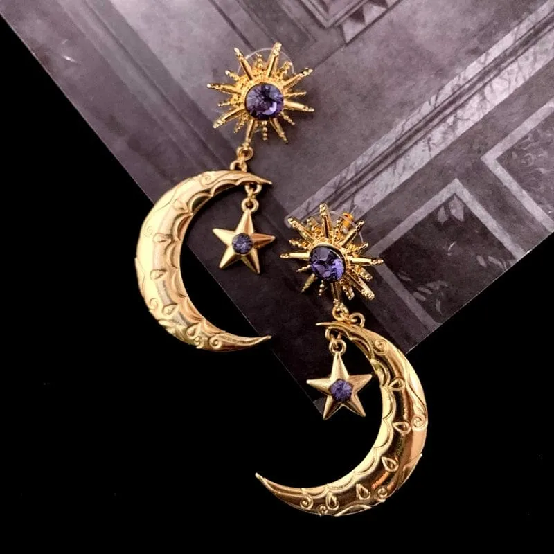 Sun Star Moon Phase Dangle Earrings