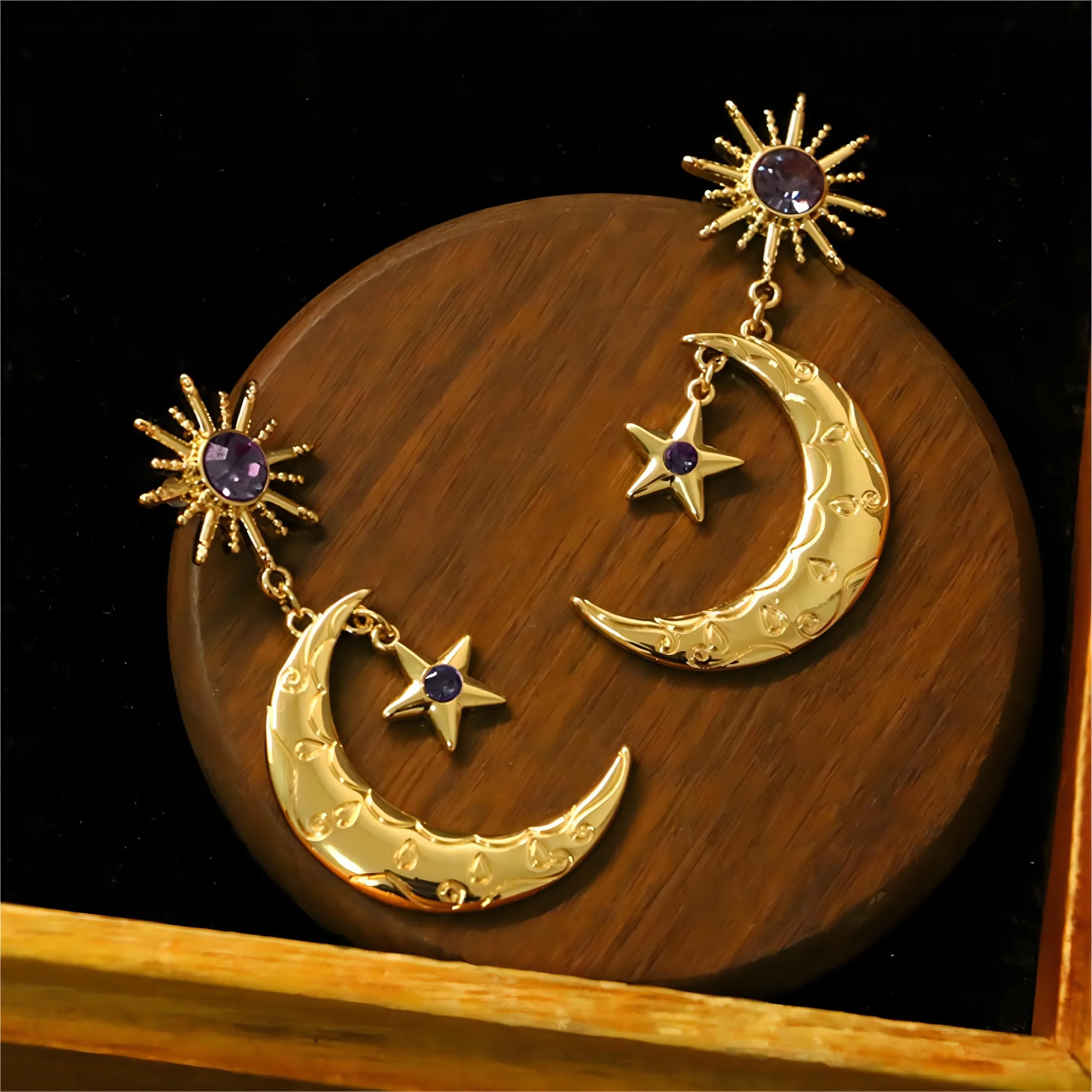 Sun Star Moon Phase Dangle Earrings