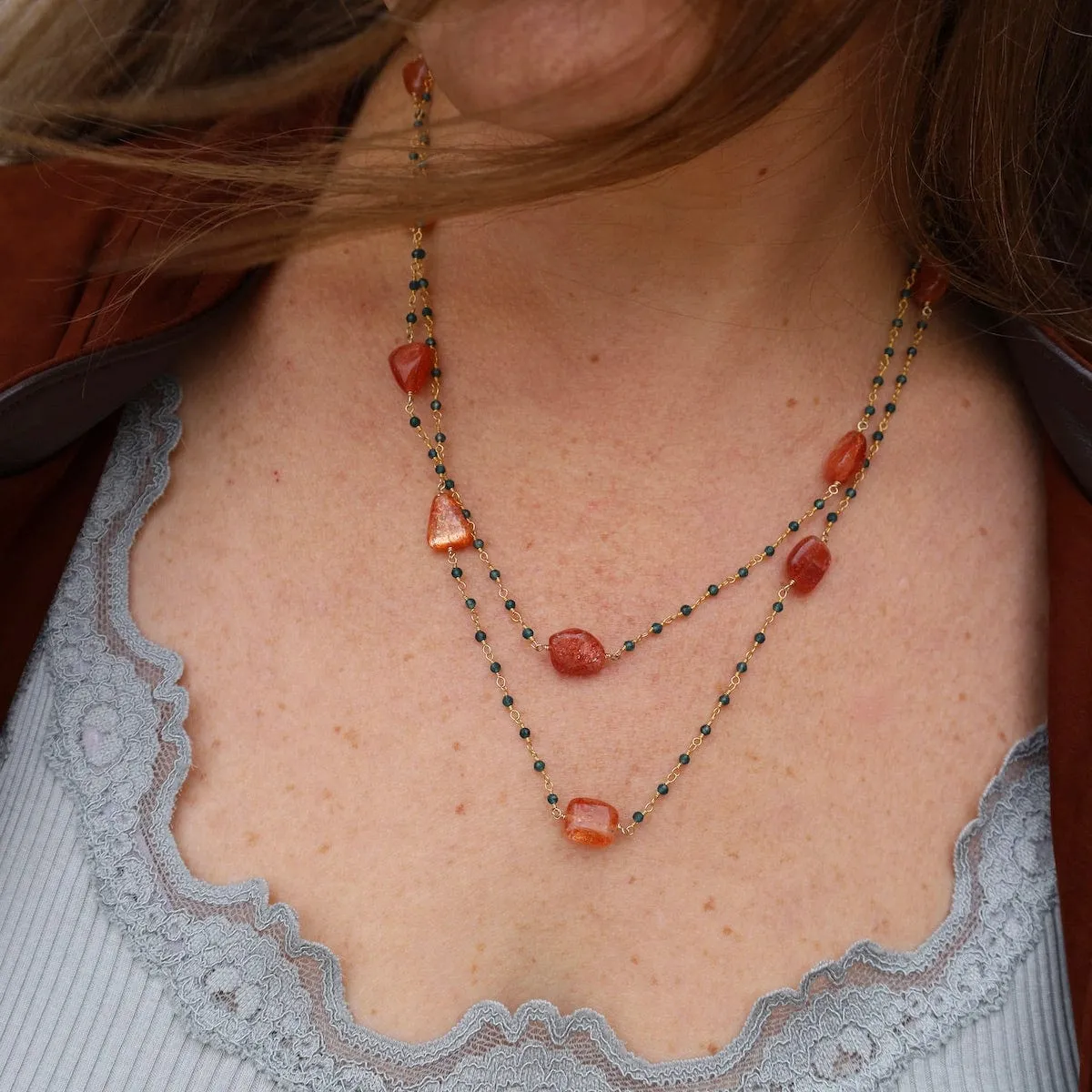 Sunstone & Blue Quartz Long Necklace