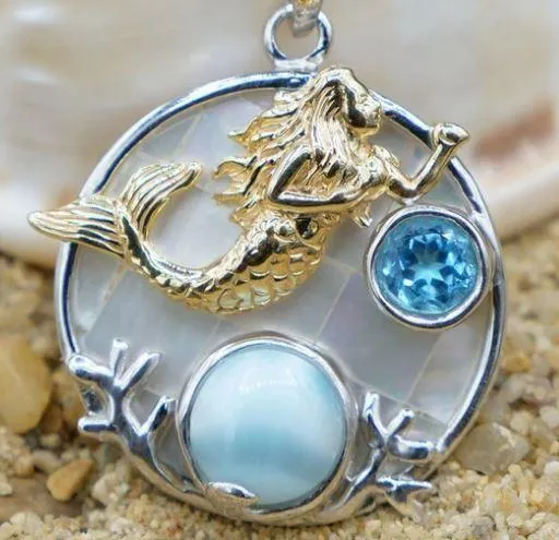 Swimming Mermaid Pendant Necklace with Larimar, Blue Topaz and Mother of Pearl Mosaic