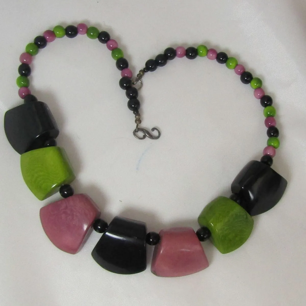 Tagua Nut Necklace in Black Green and Pink  Focal Beads