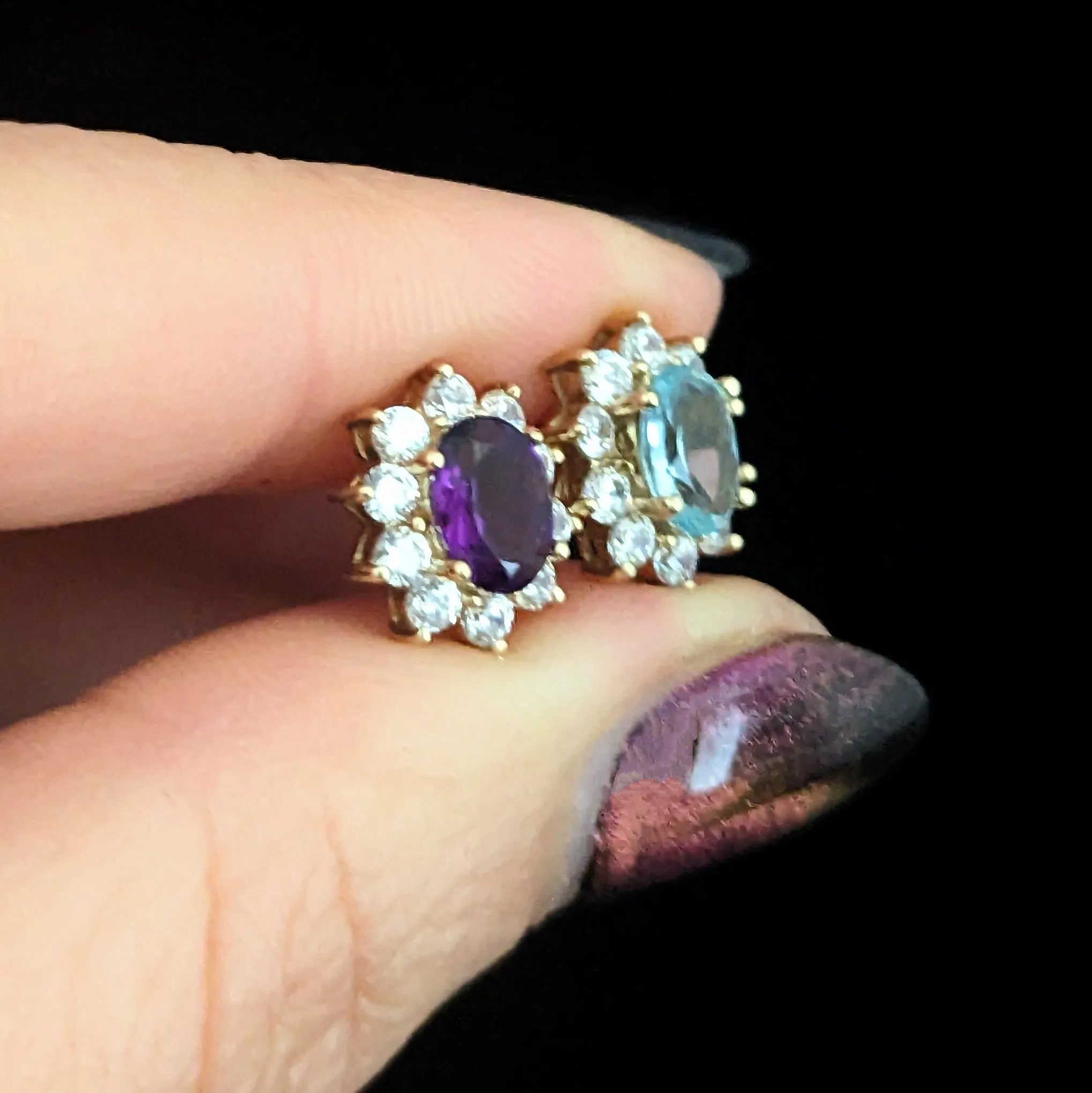 The Frodsham - Estate Bi Color Aquamarine Amethyst Diamond Gold Halo Earrings