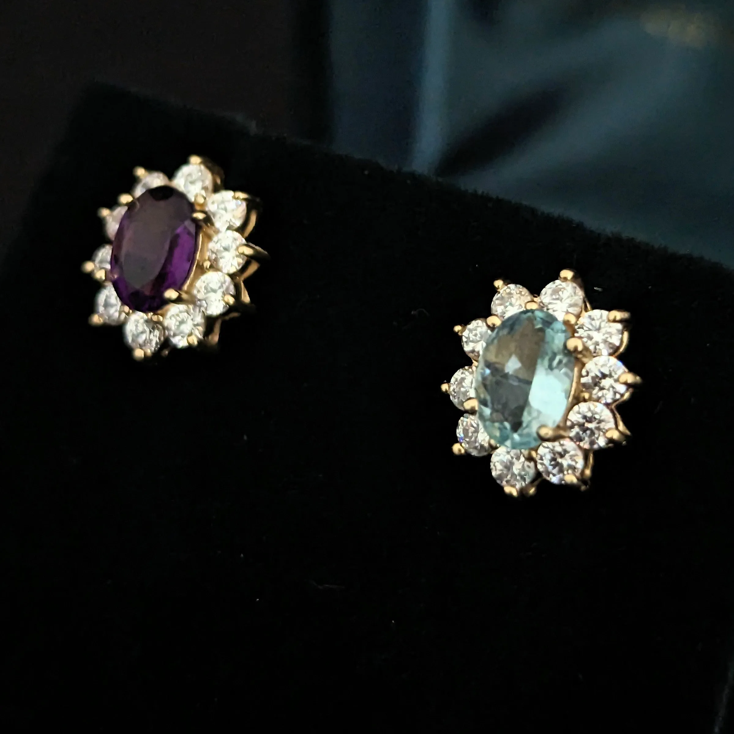 The Frodsham - Estate Bi Color Aquamarine Amethyst Diamond Gold Halo Earrings