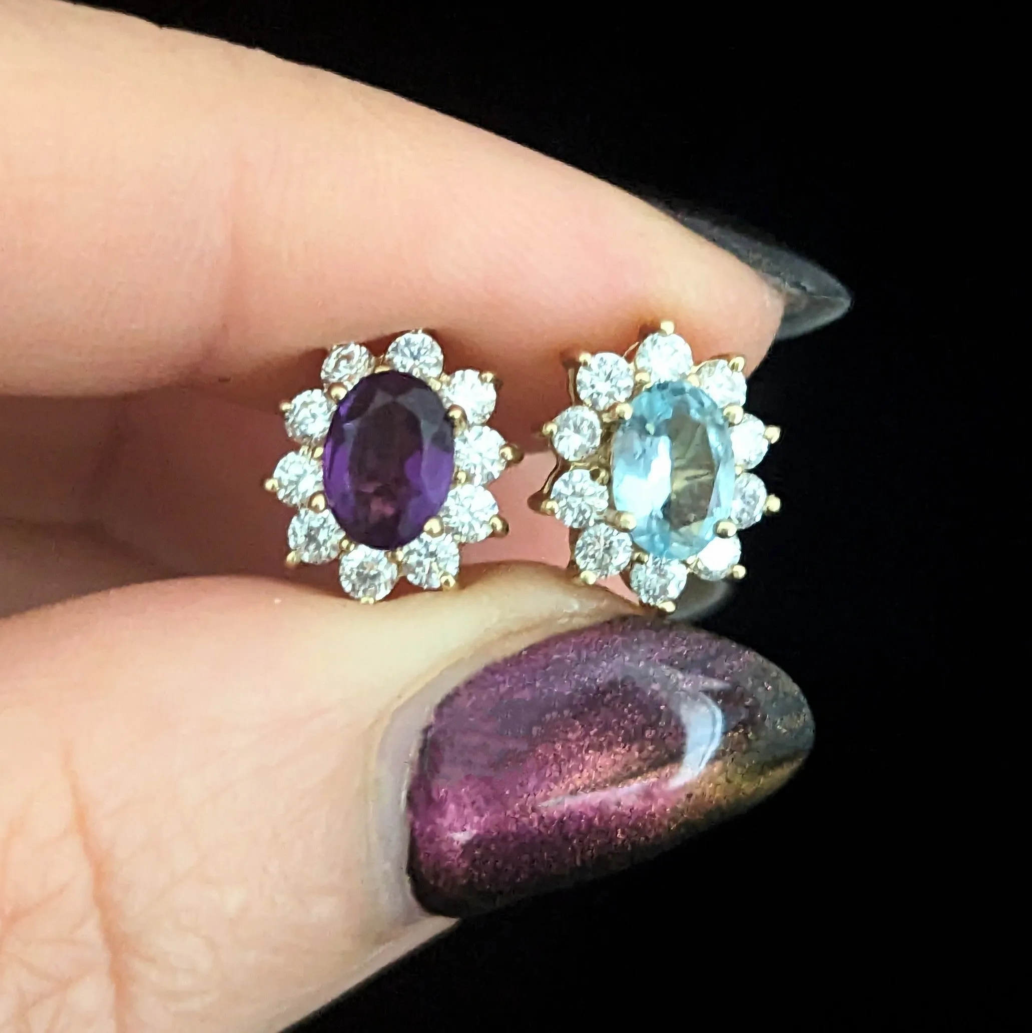 The Frodsham - Estate Bi Color Aquamarine Amethyst Diamond Gold Halo Earrings