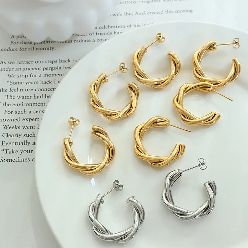 Titanium Steel Plated 18K Gold C-shaped Twisted Earrings - Personalized Trendy Style