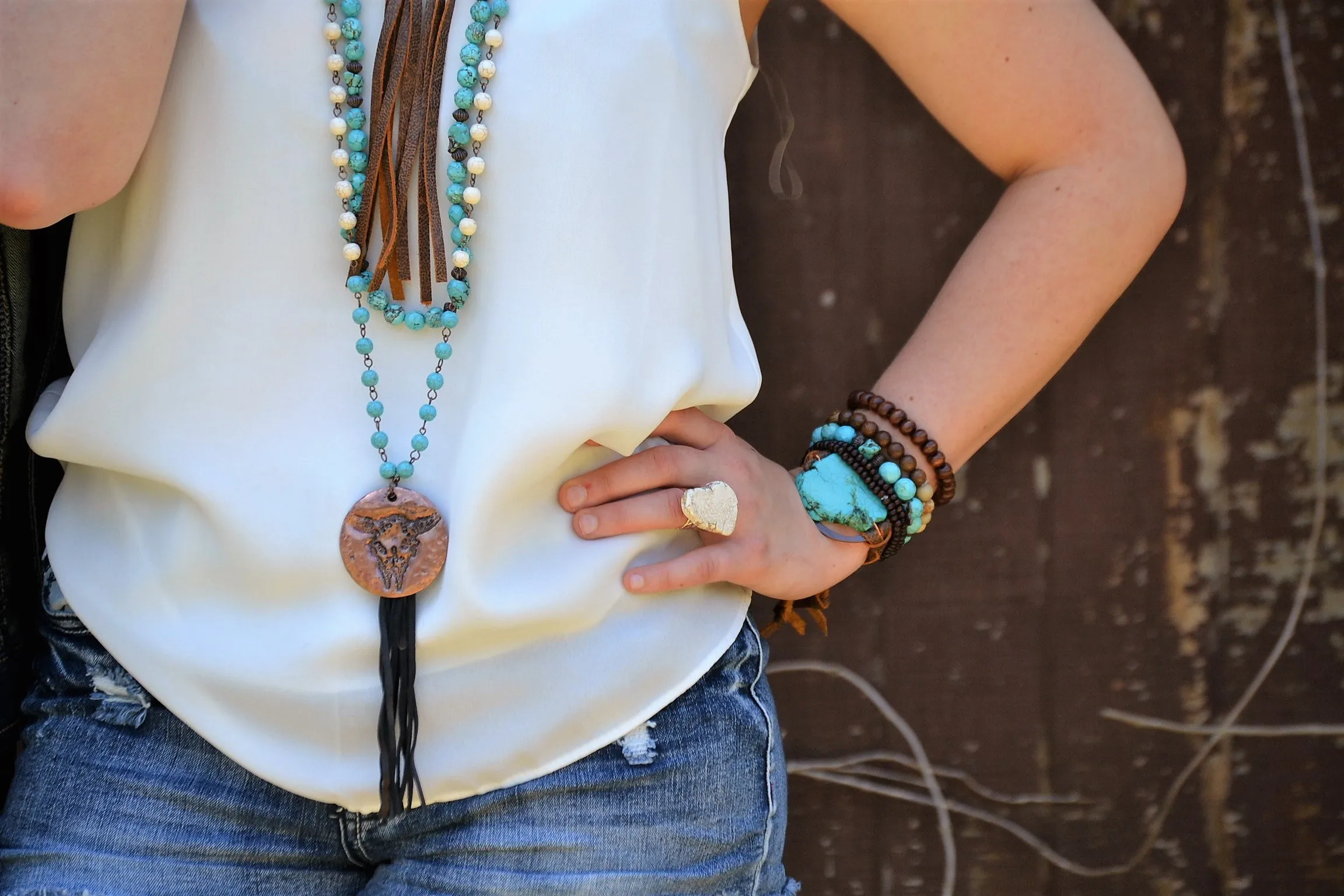 Turquoise Bracelet w/ Stone Slab & Adjustable Ties (010i)