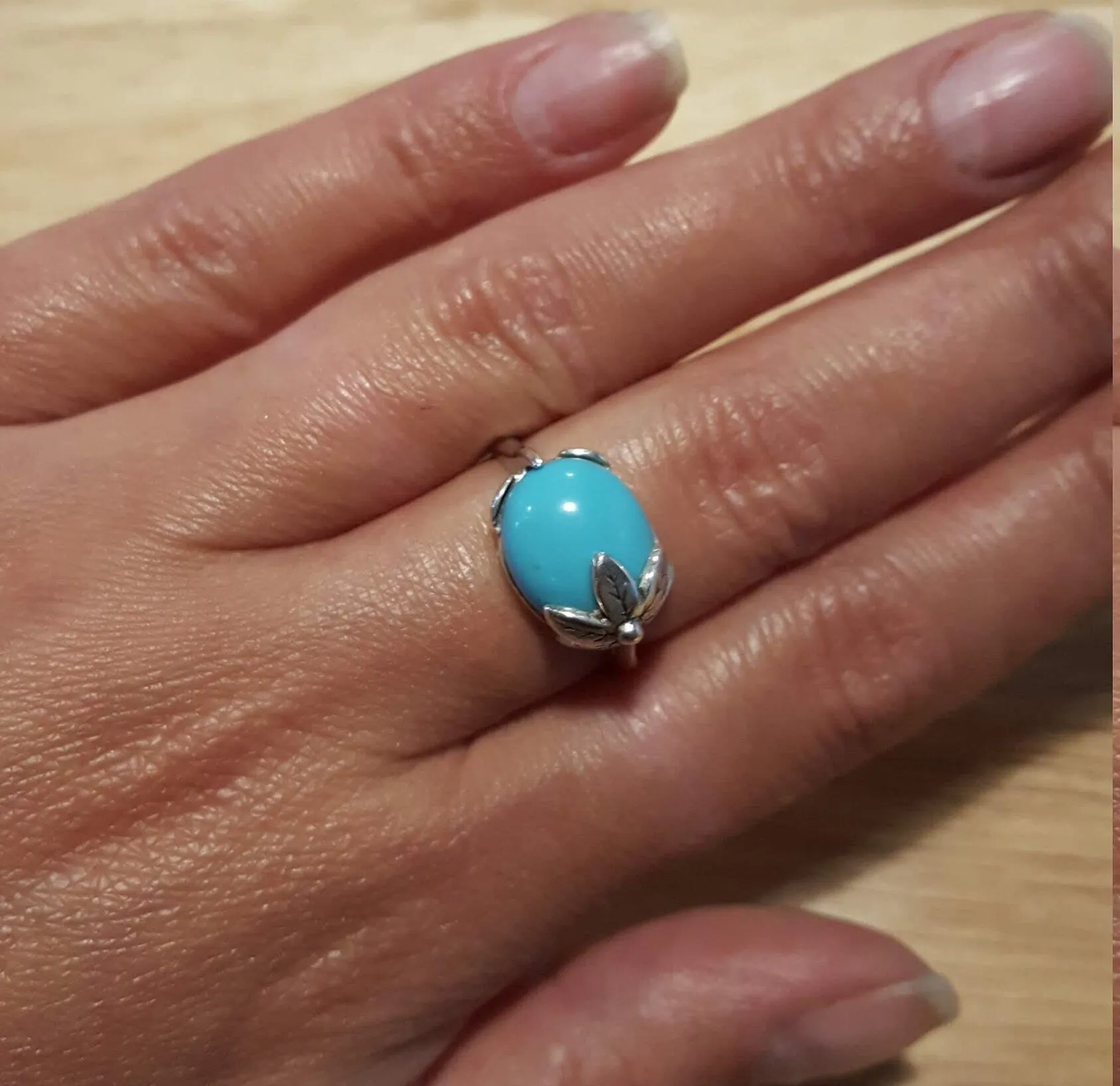 Turquoise Ring - Blue Leaf Ring - Vintage Solitaire Ring