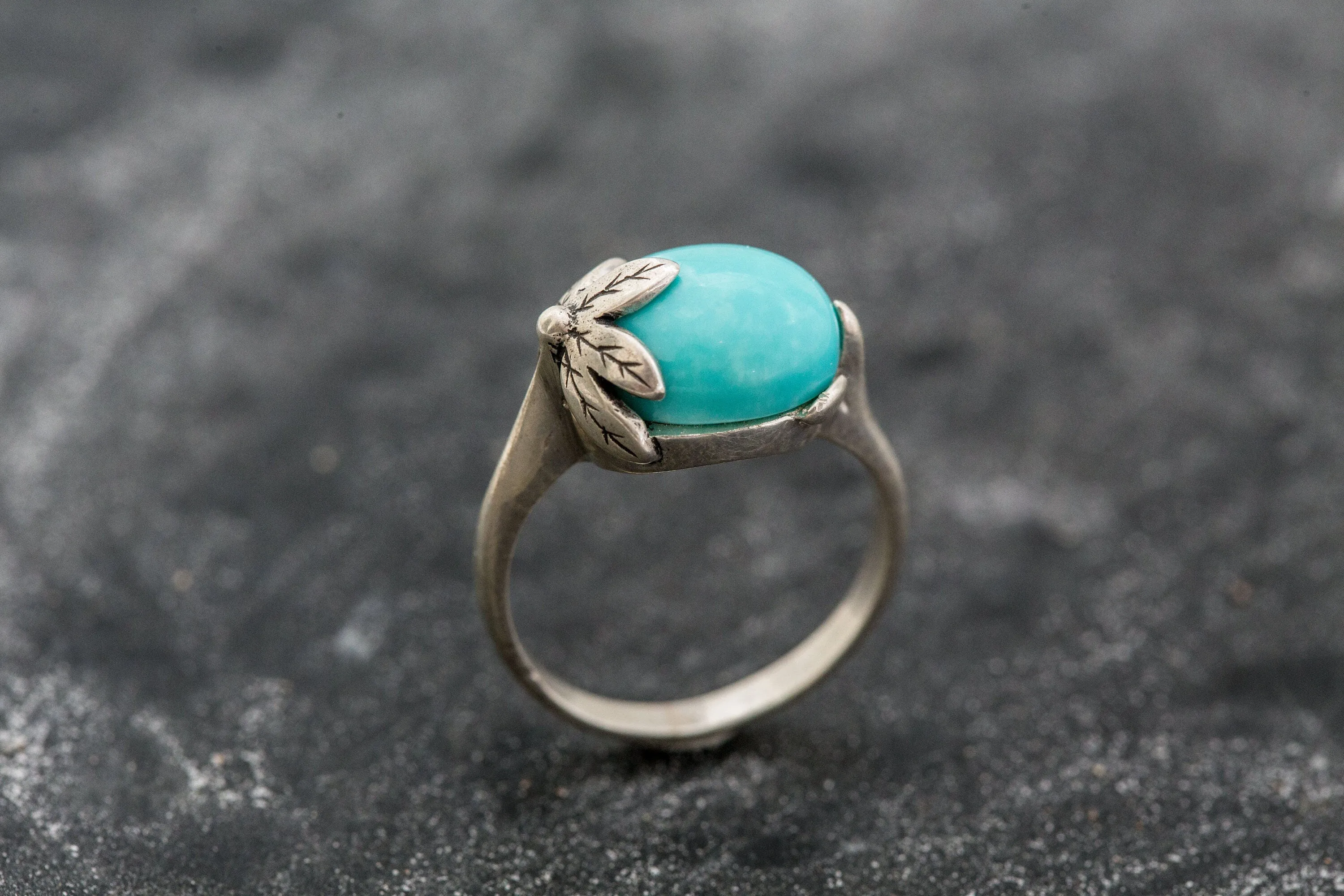 Turquoise Ring - Blue Leaf Ring - Vintage Solitaire Ring