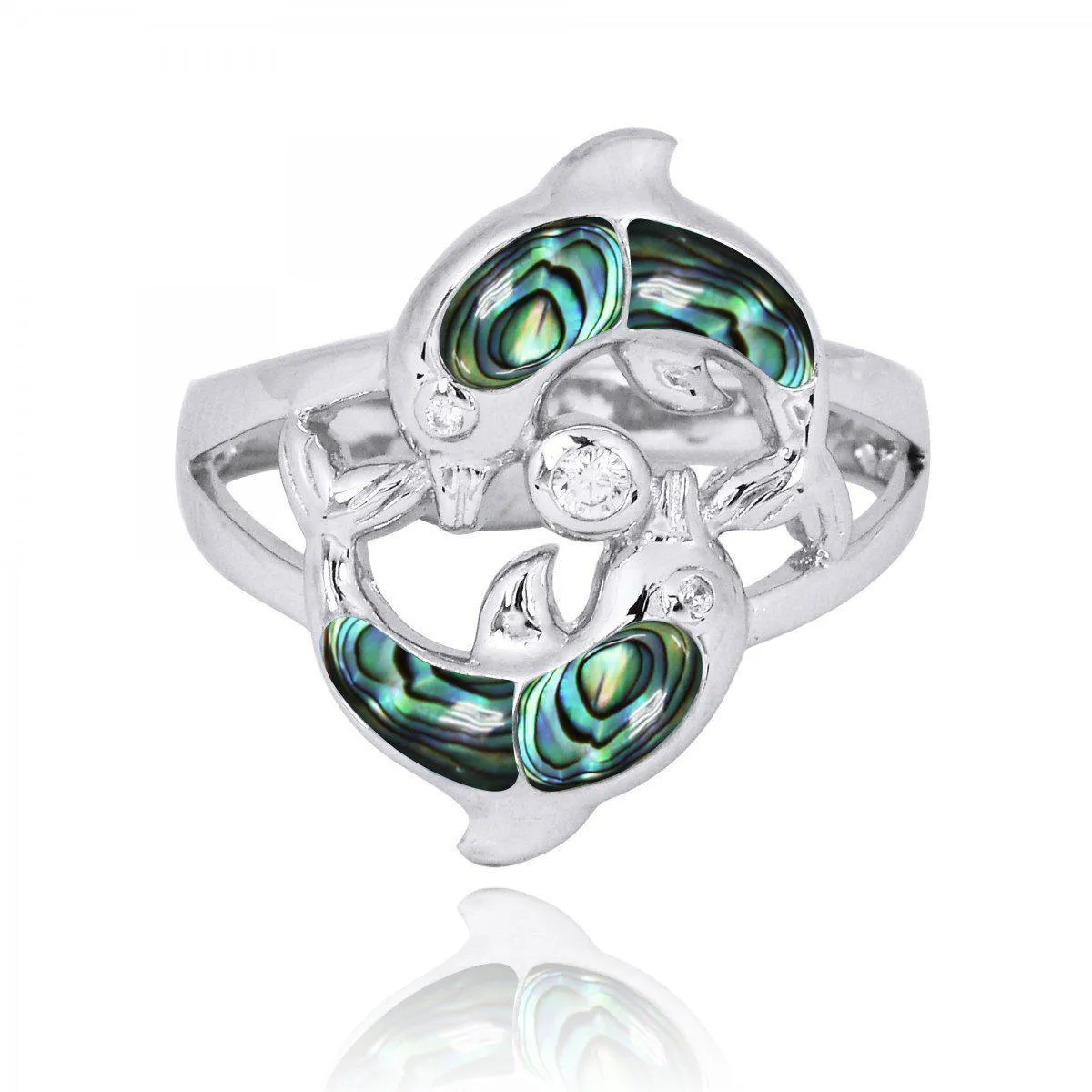 Twin Dolphins Ring with Abalone Shell and White CZ