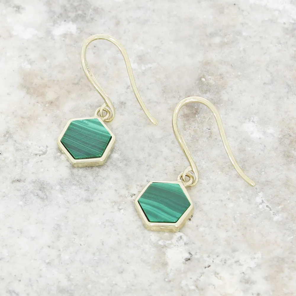 Unique & Co Gold Plated Malachite Hexagon Drop Earrings ME-887