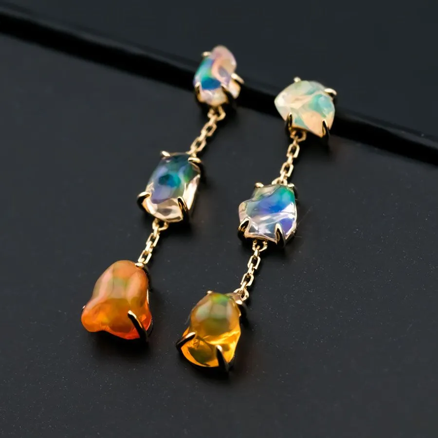 Unique Drop Earrings with Mexican Fire Opal 18K Yellow Gold