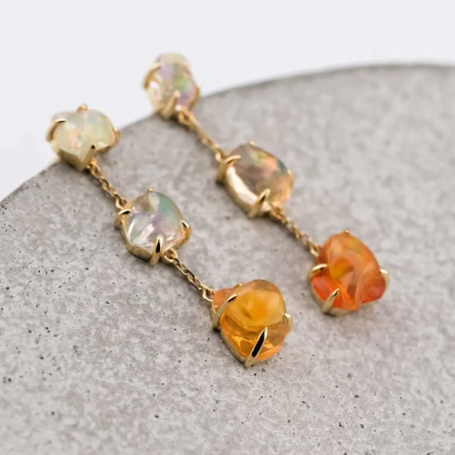 Unique Drop Earrings with Mexican Fire Opal 18K Yellow Gold