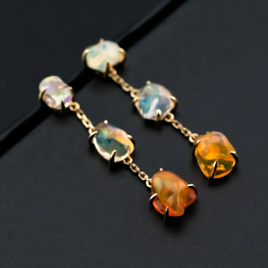 Unique Drop Earrings with Mexican Fire Opal 18K Yellow Gold