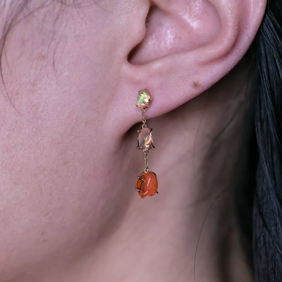 Unique Drop Earrings with Mexican Fire Opal 18K Yellow Gold