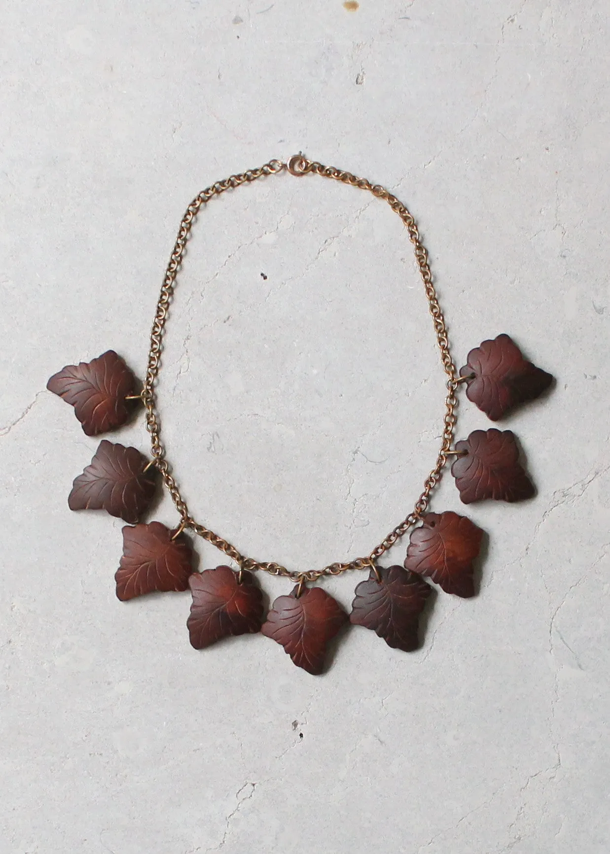 Vintage 1940s Carved Wooden Leaves and Brass Necklace