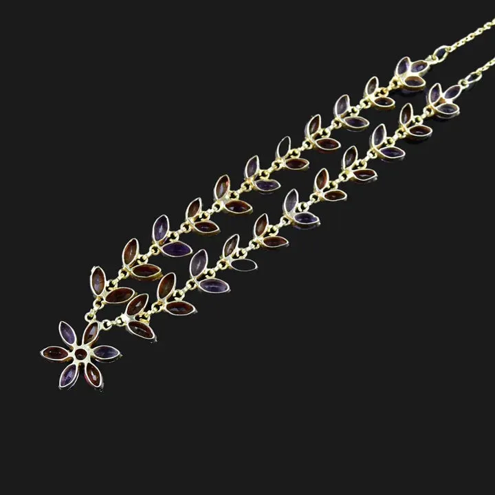 Vintage Amethyst & Garnet Floral Chain 14k Gold Vermeil Necklace