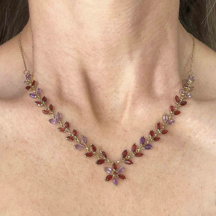 Vintage Amethyst & Garnet Floral Chain 14k Gold Vermeil Necklace