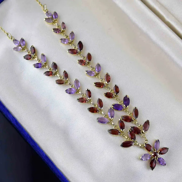 Vintage Amethyst & Garnet Floral Chain 14k Gold Vermeil Necklace