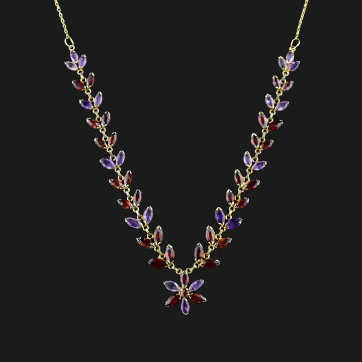 Vintage Amethyst & Garnet Floral Chain 14k Gold Vermeil Necklace