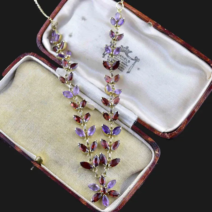 Vintage Amethyst & Garnet Floral Chain 14k Gold Vermeil Necklace