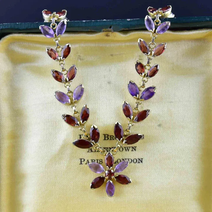 Vintage Amethyst & Garnet Floral Chain 14k Gold Vermeil Necklace