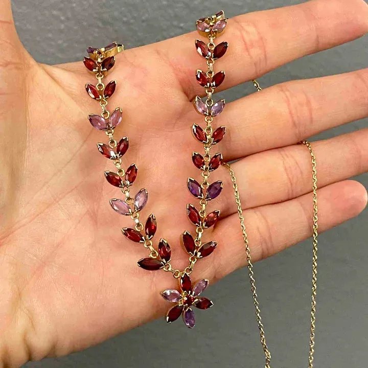 Vintage Amethyst & Garnet Floral Chain 14k Gold Vermeil Necklace